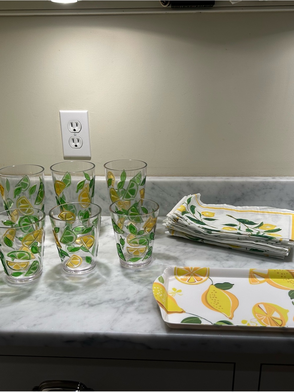 Tumbler Set, Tray and Napkins with Lemon Design - Yellow & Green
